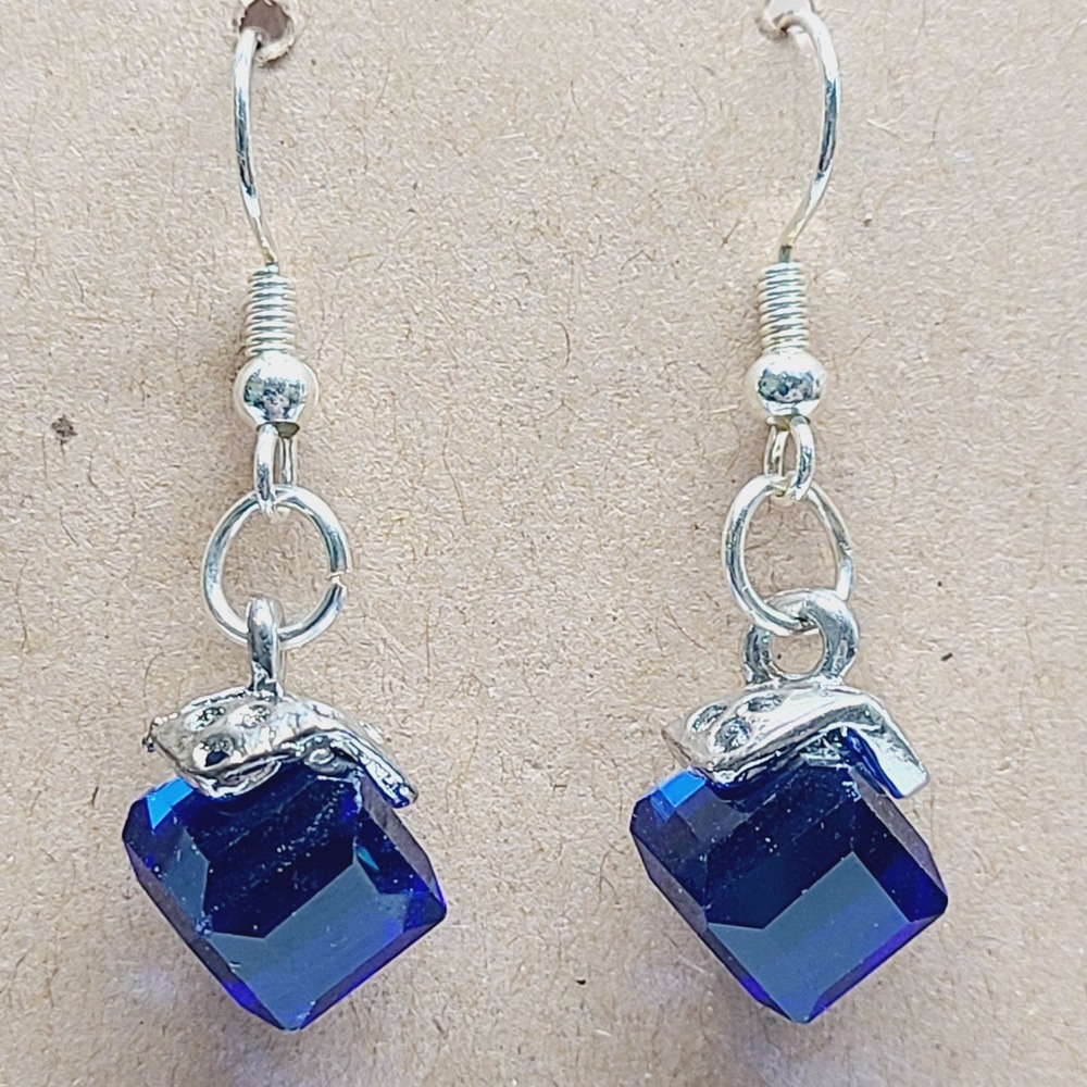Blue Crystal Cube Drop Earrings Silver Tone Geometric Dangle Jewelry